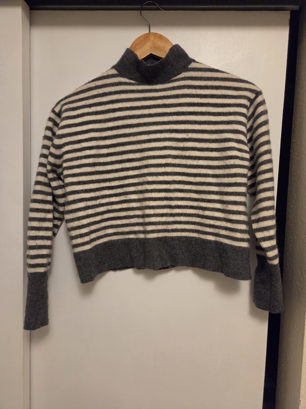 Everlane Striped Mock Neck Sweater in Cream and Gray